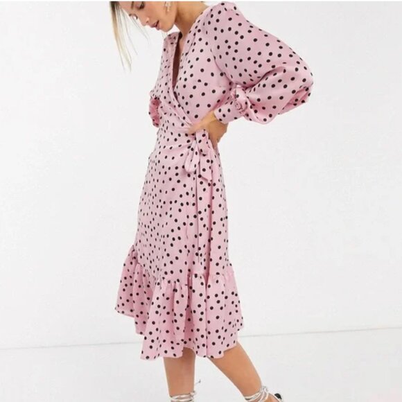Vero Moda wrap midi dress with ruffle hem in pink polka dot - Picture 2 of 6